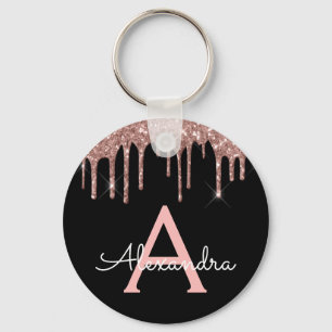 Pink Rose Gold Black Sparkly Glitter Monogram Key Ring