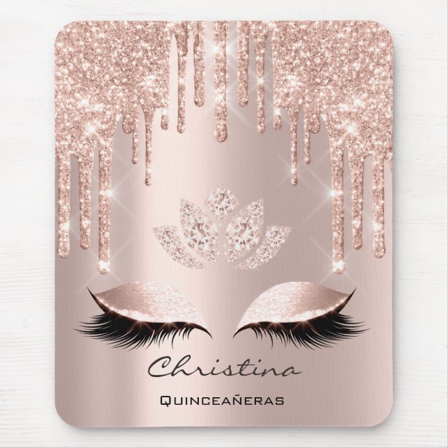 Pink Rose Gold Blush Drip Sparkly Lotus Name Mouse Pad (Front)