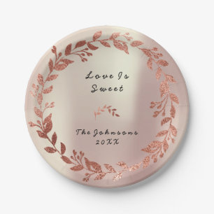 Pink Rose Gold Blush Floral Wreath Bridal Wedding Paper Plate