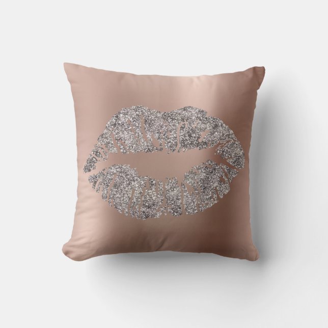 Pink Rose Gold Blush Glitter Kiss Grey Metallic Cushion (Front)