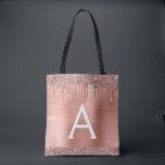 Pink Rose Gold Blush Pink Glitter Elegant Monogram Tote Bag<br><div class="desc">Pink Rose Gold and Blush Pink Faux Sparkle and Dripping Glitter Metallic Stainless Steel Foil Elegant Monogram Book Bag. This Book Bag can be customised to include your initial and first name and given as a gift for Christmas,  Sweet 16 Birthday,  Bridal Shower or a Wedding.</div>