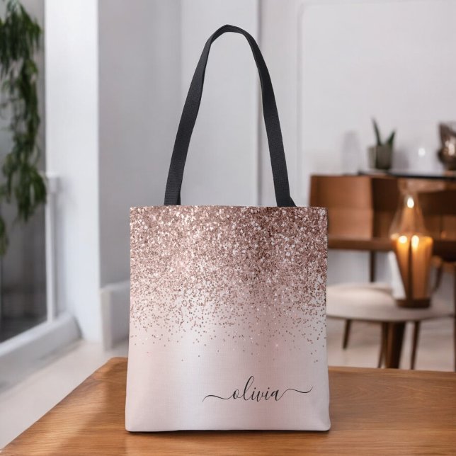 Pink Rose Gold Blush Pink Glitter Elegant Monogram Tote Bag (Creator Uploaded)