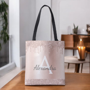 Pink Rose Gold Blush Pink Glitter Elegant Monogram Tote Bag