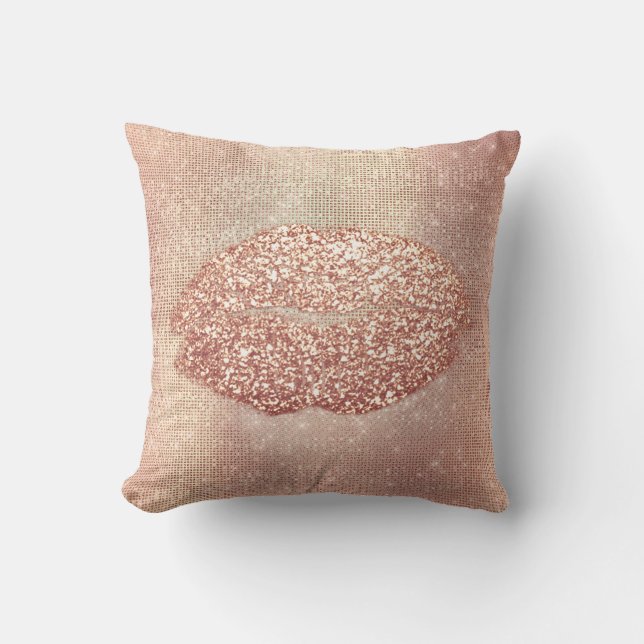 Pink Rose Gold Blush Sequin Kiss Lips Copper Cushion (Front)