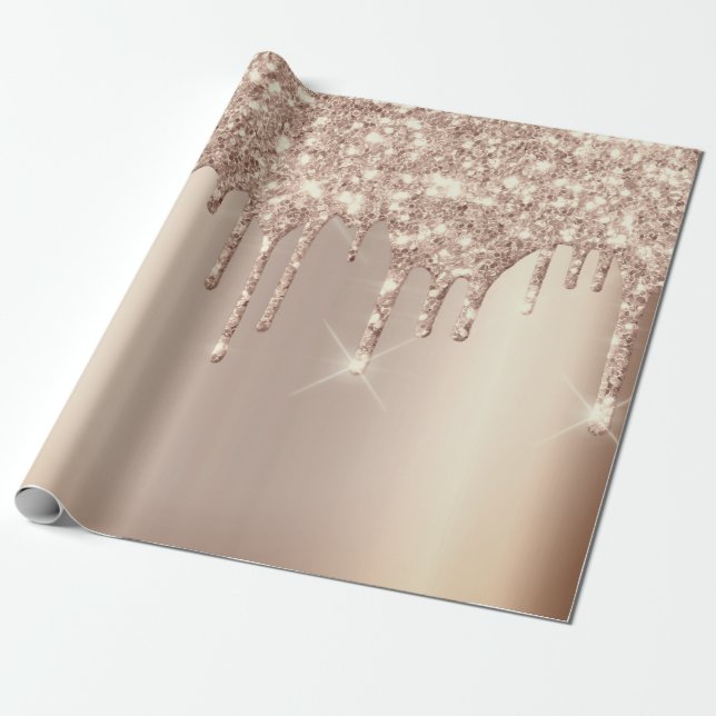 Pink Rose Gold Blush Spark Powder Drips Glitter Wrapping Paper (Unrolled)