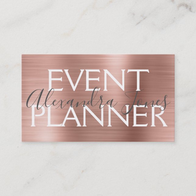 Pink & Rose Gold Brushed Metal Event Planner Business Card (Front)