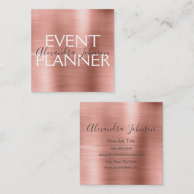 Pink & Rose Gold Brushed Metal Event Planner Square Business Card (Front/Back)