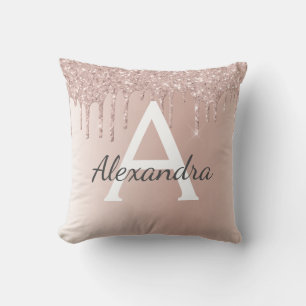 Pink Rose Gold Brushed Metal Girly Script Monogram Cushion