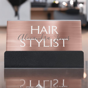Pink & Rose Gold Brushed Metal Hair Stylist Desk Business Card Holder
