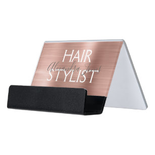 Pink & Rose Gold Brushed Metal Hair Stylist Desk Business Card Holder