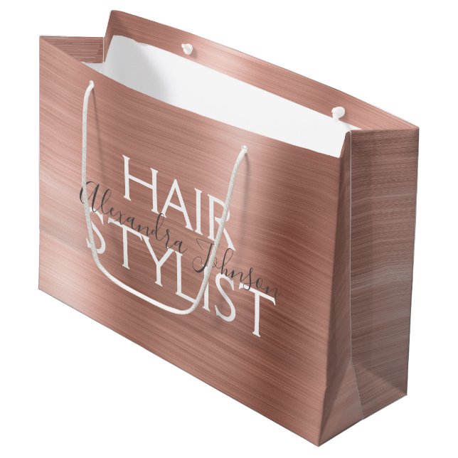 Pink & Rose Gold Brushed Metal Hair Stylist Large Gift Bag (Front Angled)