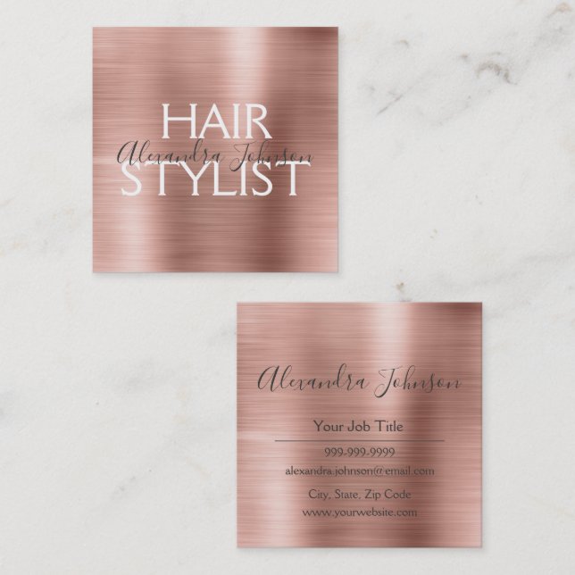 Pink & Rose Gold Brushed Metal Hair Stylist Square Business Card (Front/Back)