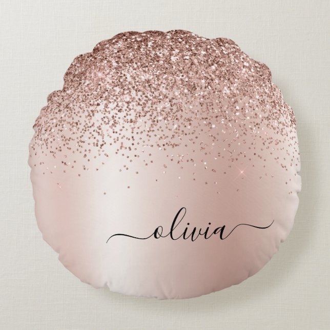 Pink Rose Gold Brushed Metal Monogram Name Round Cushion (Front)
