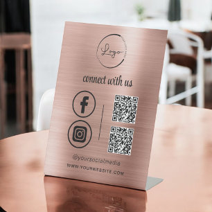Pink & Rose Gold Brushed Metal QR Code Pedestal Sign