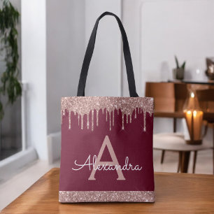 Pink Rose Gold Burgundy Glitter Elegant Monogram Tote Bag