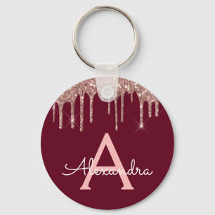 Pink Rose Gold Burgundy Glitter Monogram Key Ring