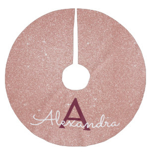 Pink Rose Gold Burgundy Glitter Sparkle Monogram Brushed Polyester Tree Skirt