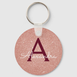 Pink Rose Gold Burgundy Glitter & Sparkle Monogram Key Ring