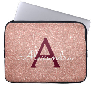 Pink Rose Gold Burgundy Glitter Sparkle Monogram Laptop Sleeve