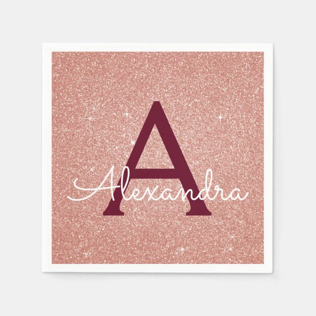 Pink Rose Gold Burgundy Glitter Sparkle Monogram Napkin (Front)