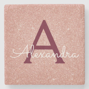 Pink Rose Gold Burgundy Glitter & Sparkle Monogram Stone Coaster