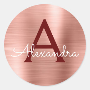 Pink - Rose Gold Burgundy Metallic Monogram Classic Round Sticker