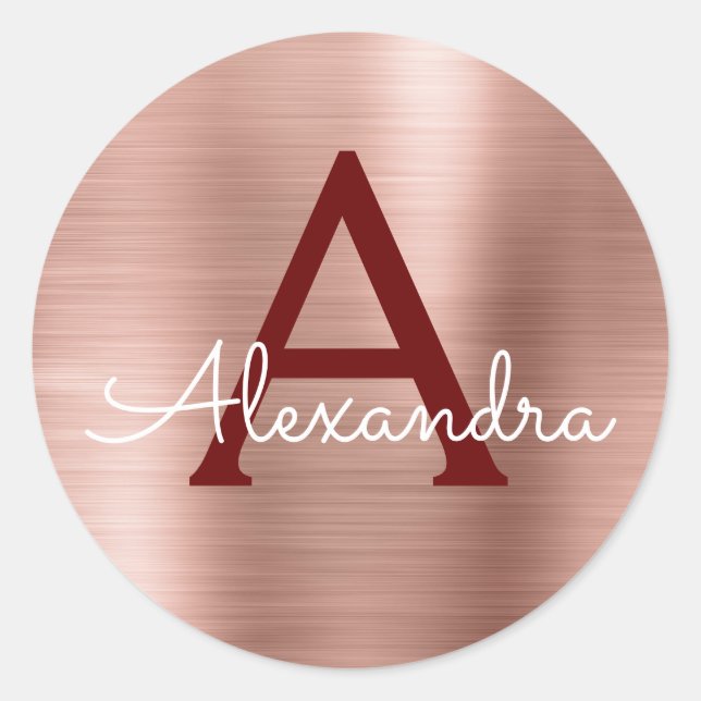 Pink - Rose Gold Burgundy Metallic Monogram Classic Round Sticker (Front)
