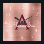 Pink Rose Gold Burgundy Metallic Monogram Name<br><div class="desc">Blush Pink - Rose Gold and Burgundy Faux Stainless Steel Foil Monogram Name and Initial Serving Wall Clock. The Wall Clock makes the perfect gift for someone who loves pink metallic decor.</div>
