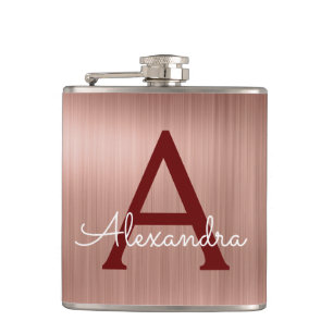 Pink Rose Gold - Burgundy Metallic Monogram Name Hip Flask