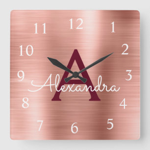 Pink Rose Gold Burgundy Metallic Monogram Name Square Wall Clock