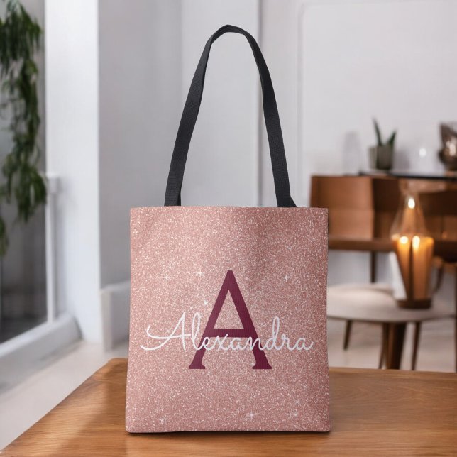 Pink Rose Gold Burgundy Sparkle Elegant Monogram Tote Bag (Creator Uploaded)