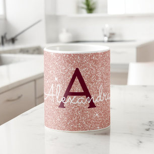 Pink Rose Gold Burgundy Sparkle Glitter Monogram Coffee Mug