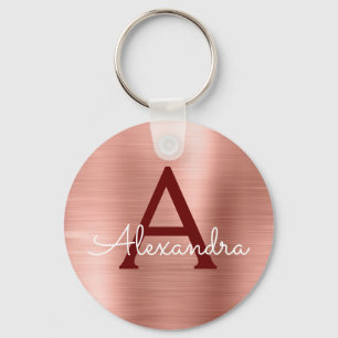 Pink Rose Gold Burgundy Stainless Steel Monogram Key Ring