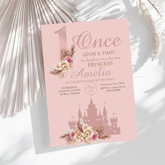 Pink Rose Gold Castle Princess 1st Birthday  Invitation (Creator Uploaded)