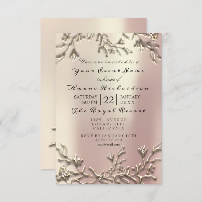 Pink Rose Gold Champaigne Floral 3D Effect Bridal Invitation (Front/Back)