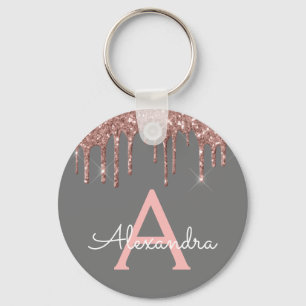 Pink Rose Gold Charcoal Grey Glitter Monogram Key Ring