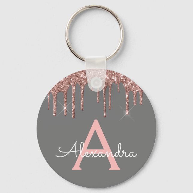 Pink Rose Gold Charcoal Grey Glitter Monogram Key Ring (Front)