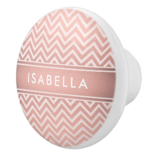 Pink Rose Gold Chevron Pattern Monogrammed Name Ceramic Knob