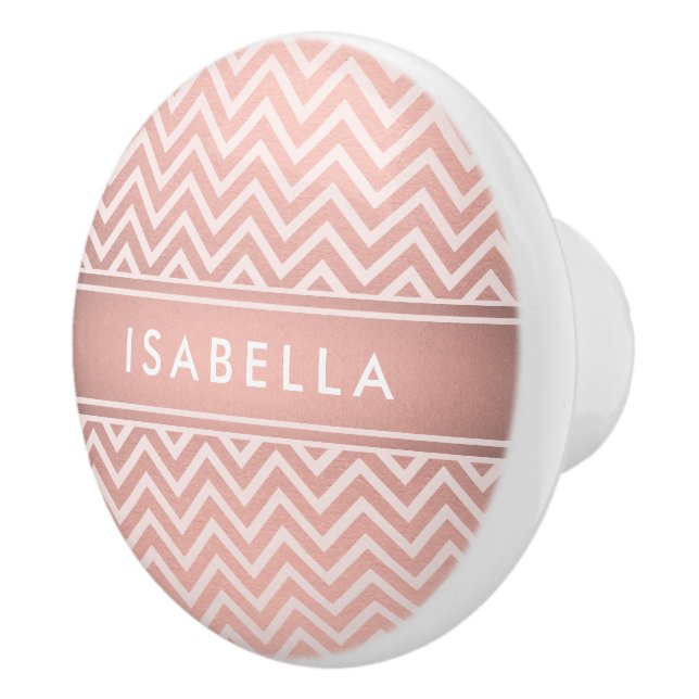 Pink Rose Gold Chevron Pattern Monogrammed Name Ceramic Knob (Right)