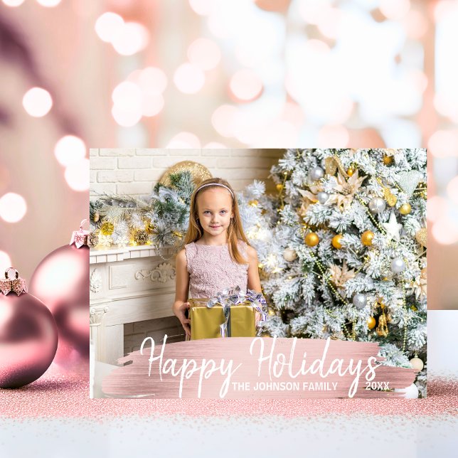 Pink Rose Gold Christmas Happy Holidays Family Holiday Postcard (Rose Gold Christmas Happy Holidays Family  PHOTO Holiday Postcard)