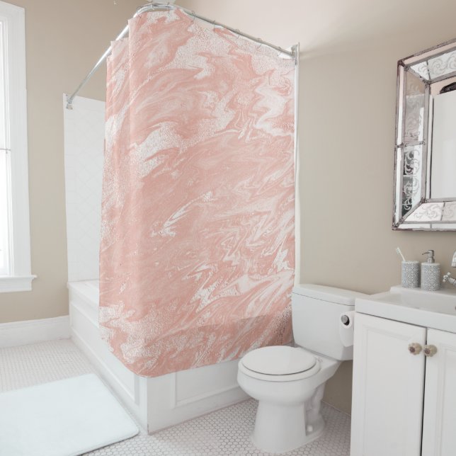 Pink Rose Gold Coral Peach Molten Marble White Shower Curtain (In Situ)