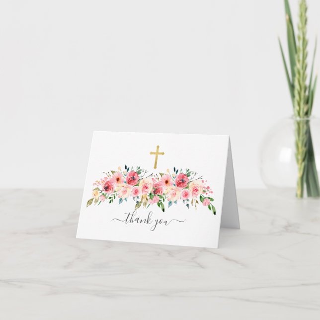 Pink Rose Gold Cross Thank You Note Card (Front)