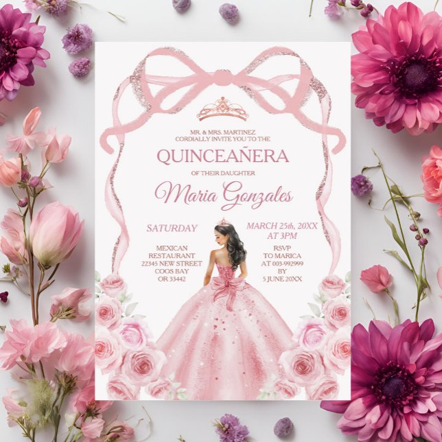 Pink Rose Gold Crown Bow Princess Girl Quinceañera Invitation (Creator Uploaded)