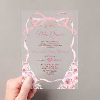 Pink Rose Gold Crown Floral Bow Ribbon Mis Quince Acrylic Invitations