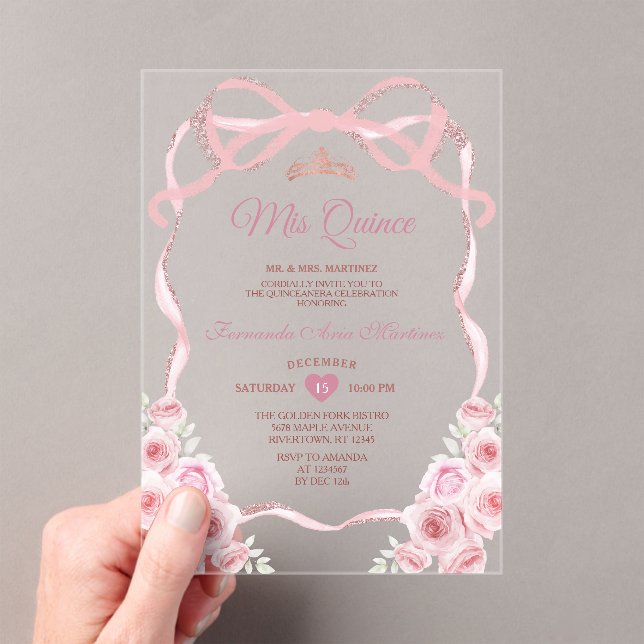 Pink Rose Gold Crown Floral Bow Ribbon Mis Quince Acrylic Invitations (Insitu (Handheld))