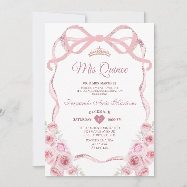 Pink Rose Gold Crown Floral Bow Ribbon Mis Quince Invitation (Front)
