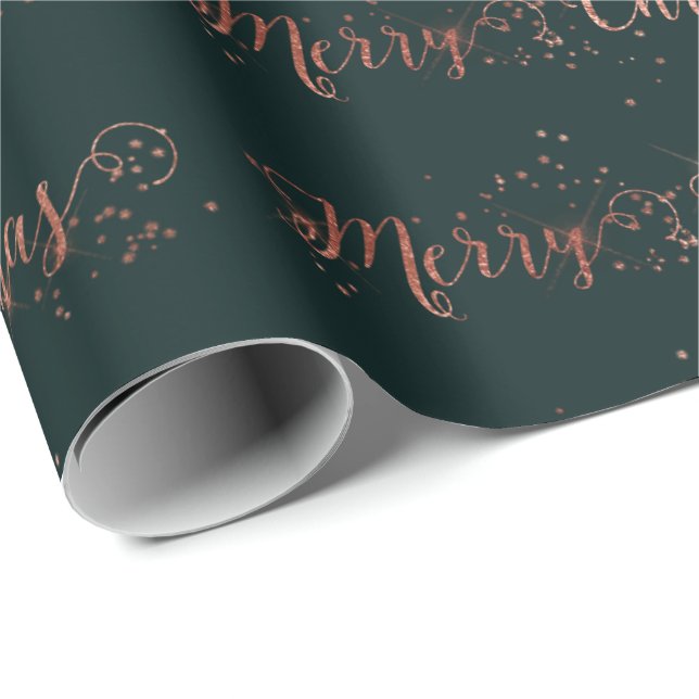 Pink Rose Gold Deep Green Merry Christmas Script Wrapping Paper (Roll Corner)