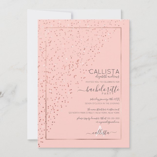 Pink Rose Gold Diagonal Confetti Bachelorette Invitation (Front)