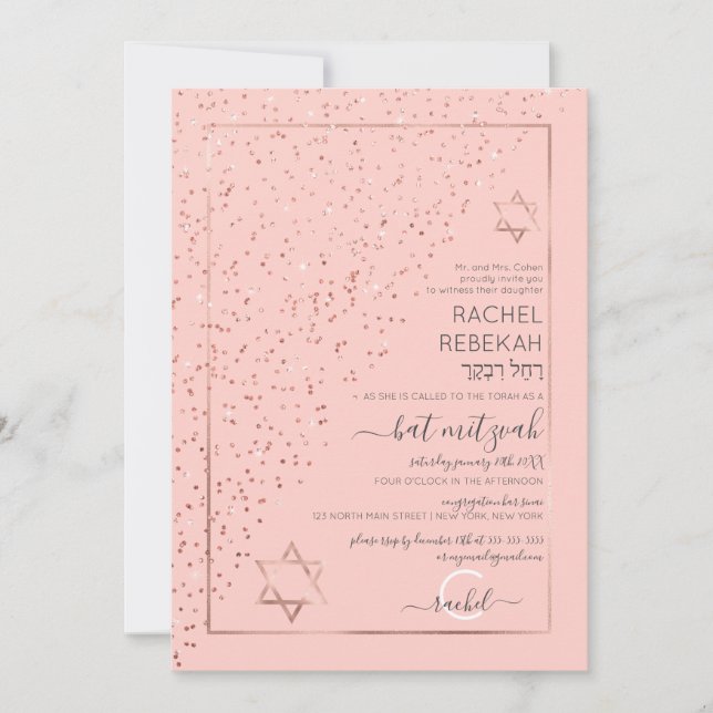 Pink Rose Gold Diagonal Confetti Bat Mitzvah Invitation (Front)