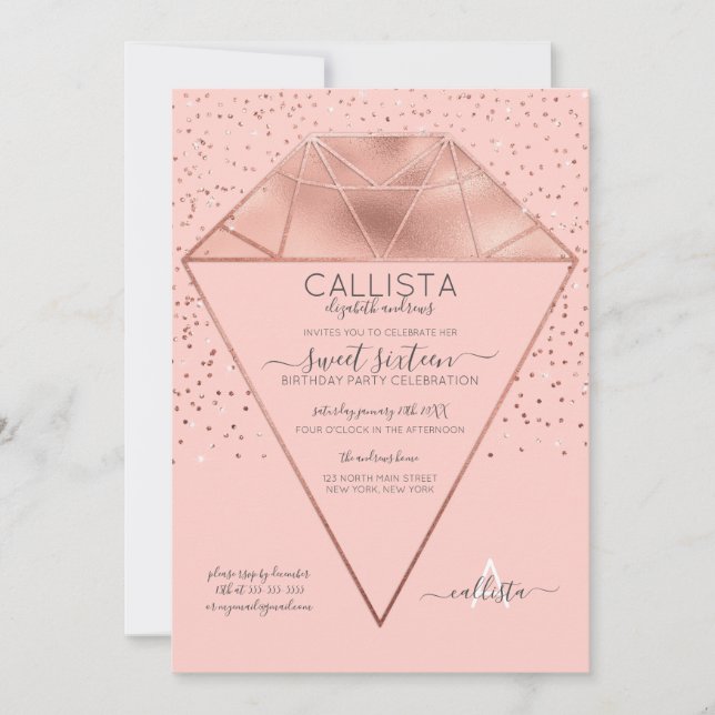 Pink Rose Gold Diamond Confetti Glitter Sweet 16 Invitation (Front)